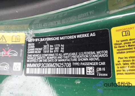 2021 Mini Se Hardtop Cooper from USA, damaged, VIN WMWXP3C06M2N25708